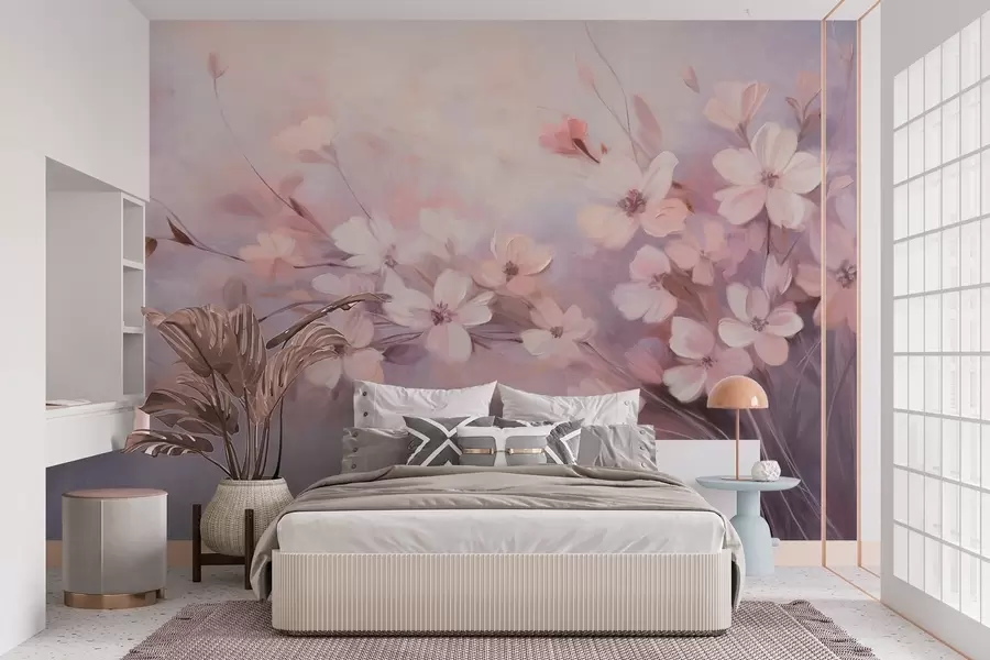 wall murals Цветни аранжман са нежним цвећем са меким, замућеним ивицама, на пастелној позадини лаванде и светло ружичастих нијанси w09369