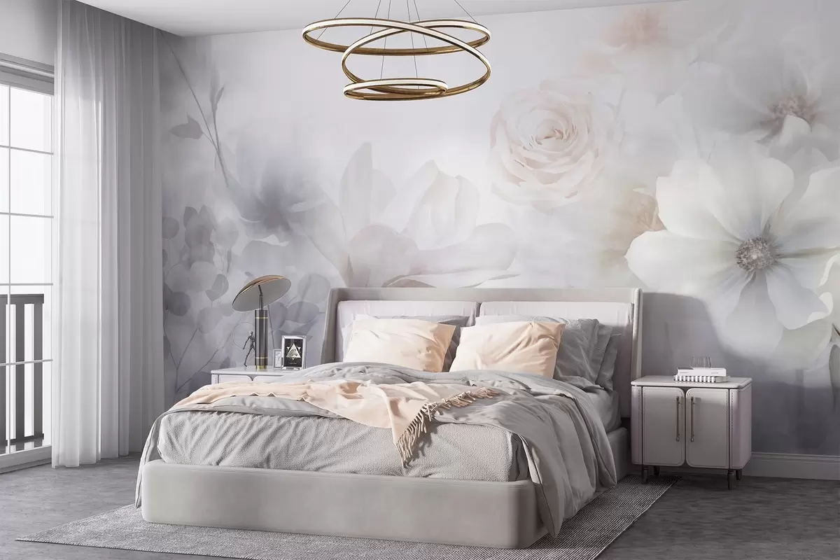 wall murals Деликатан апстрактни цветни аранжман са пастелно ружичастим ружама и магнолијама, меки фокус, светло сива позадина w09371