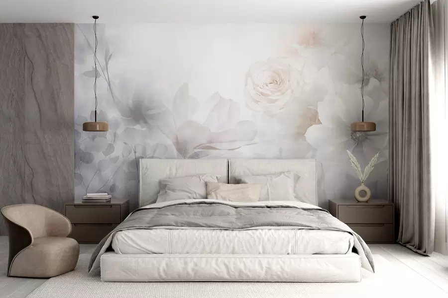 wall murals Деликатан апстрактни цветни аранжман са пастелно ружичастим ружама и магнолијама, меки фокус, светло сива позадина w09371