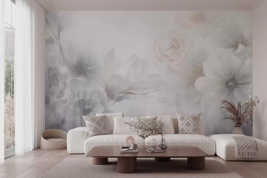 wall murals Деликатан апстрактни цветни аранжман са пастелно ружичастим ружама и магнолијама, меки фокус, светло сива позадина w09371