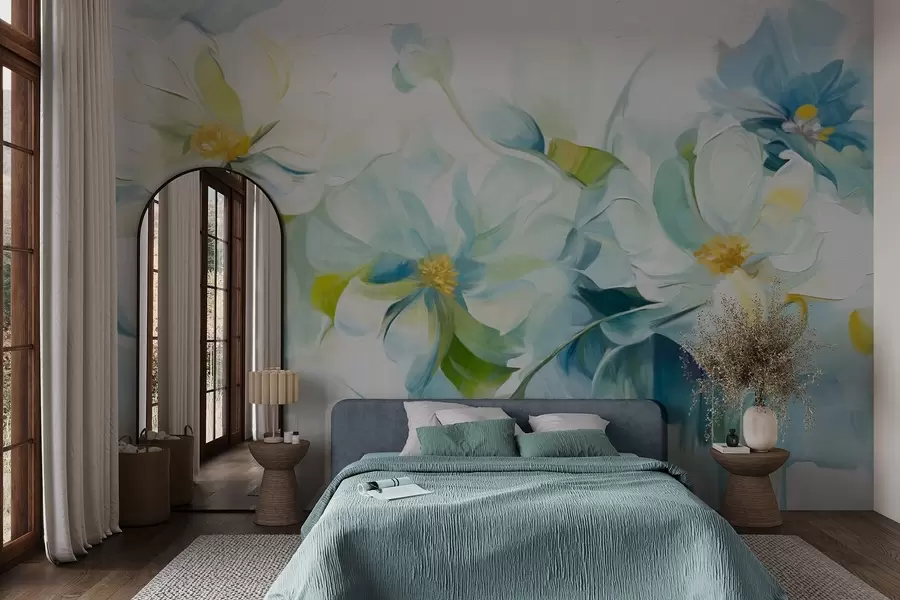 wall murals Апстрактни бели и плави цветови са жутим тучковима и зеленим листовима, на белој позадини, текстурирани стил сликања w09372