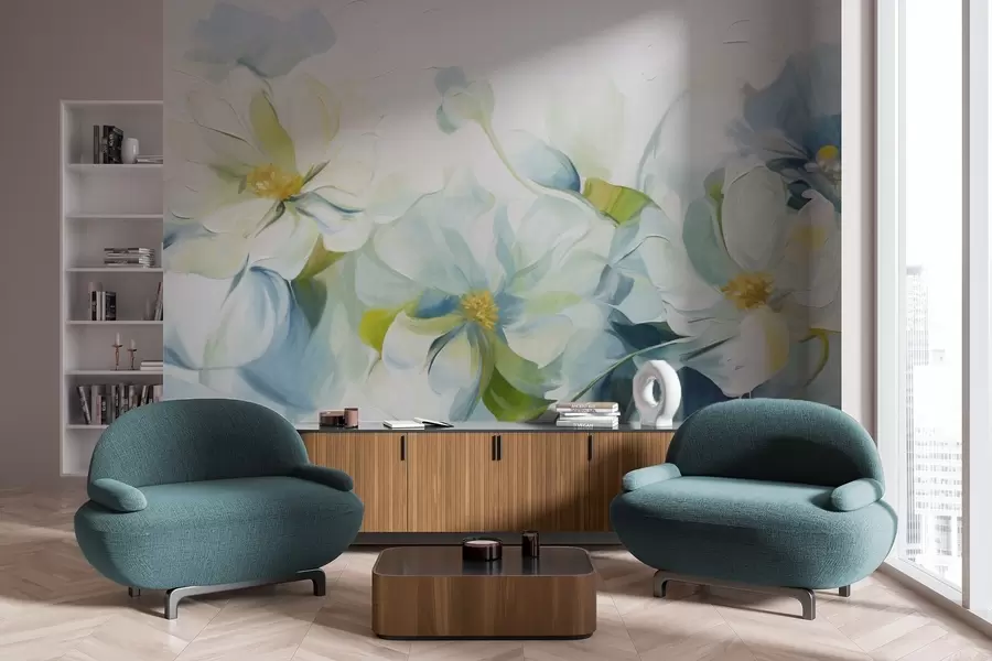 wall murals Апстрактни бели и плави цветови са жутим тучковима и зеленим листовима, на белој позадини, текстурирани стил сликања w09372