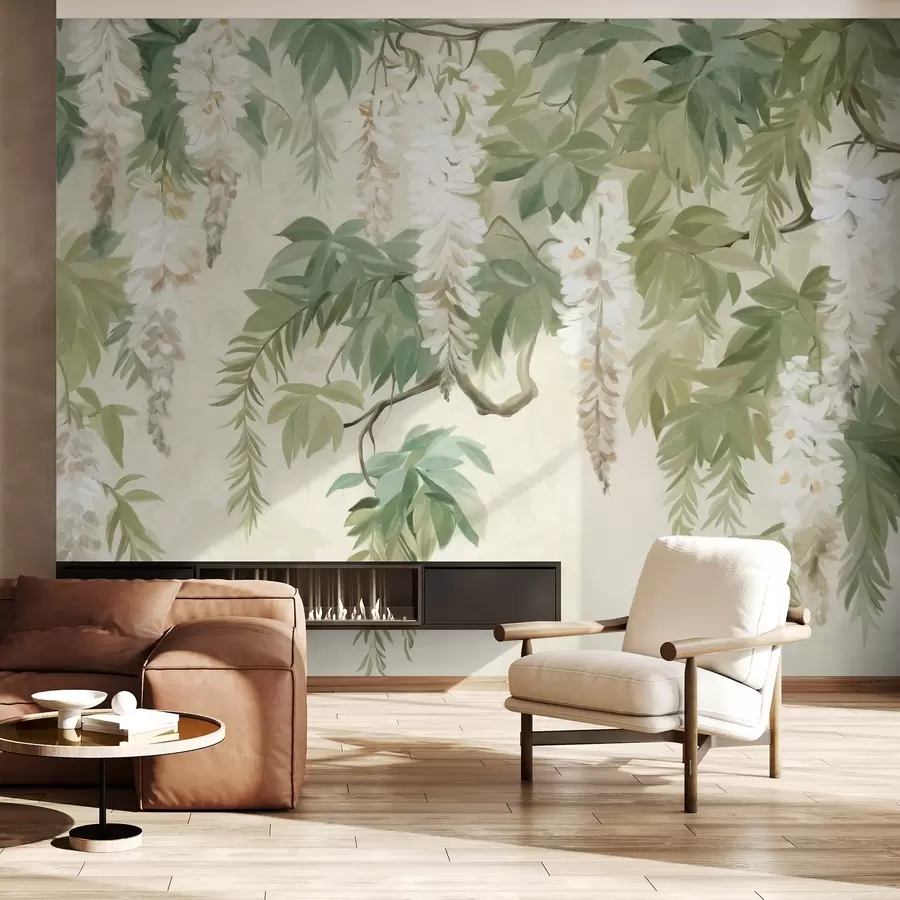 wall murals Гране глициније са белим цветовима и зеленим листовима, зелена позадина, текстурирани винтаге стил сликања w09375