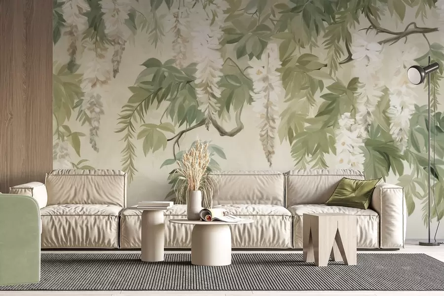 wall murals Гране глициније са белим цветовима и зеленим листовима, зелена позадина, текстурирани винтаге стил сликања w09375
