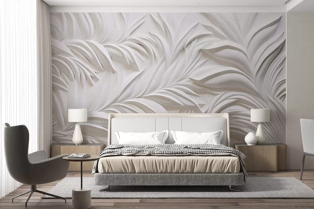 wall murals Апстрактни текстурирани бели листови и цветни елементи, минималистичка естетика w09378