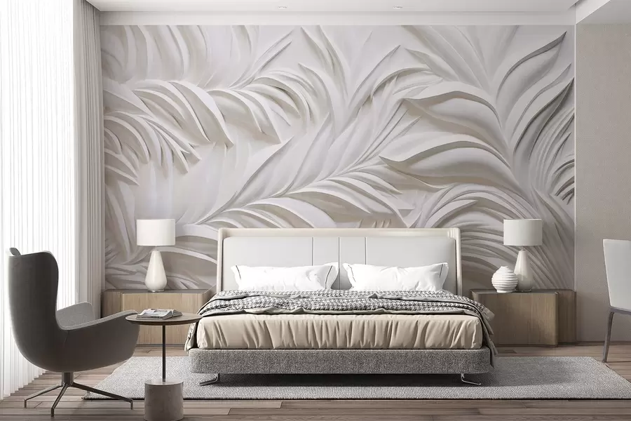 wall murals Апстрактни текстурирани бели листови и цветни елементи, минималистичка естетика w09378