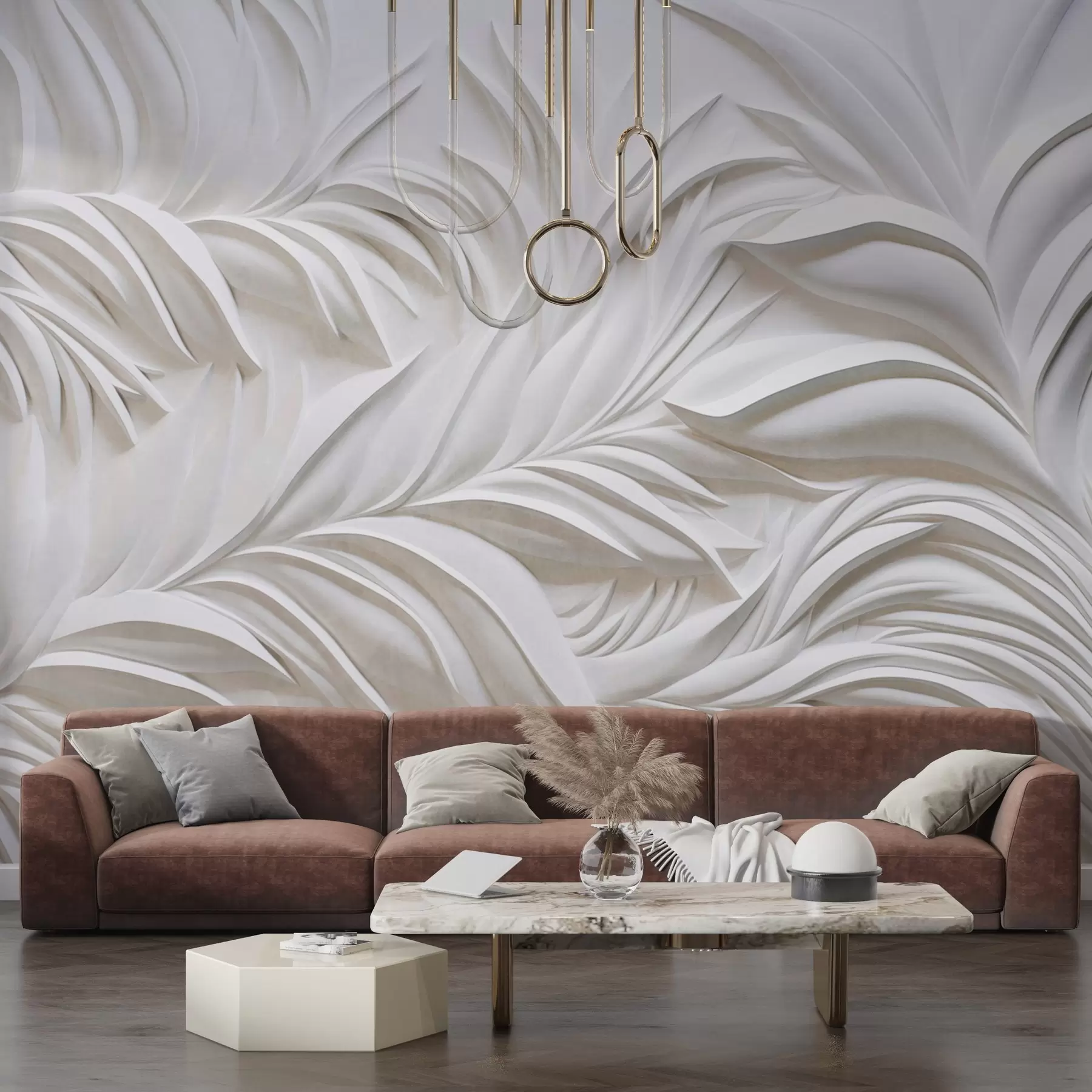 wall murals Апстрактни текстурирани бели листови и цветни елементи, минималистичка естетика w09378