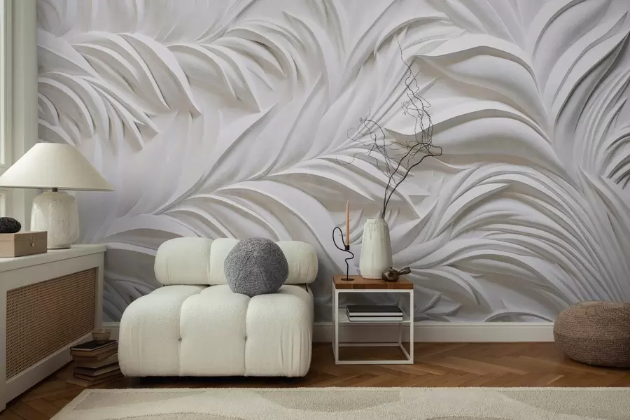 wall murals Апстрактни текстурирани бели листови и цветни елементи, минималистичка естетика w09378