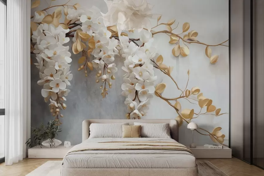 wall murals Бели цветови глициније са жутим листовима на грани, који се спуштају низ текстурирану белу позадину, нежне латице w09381