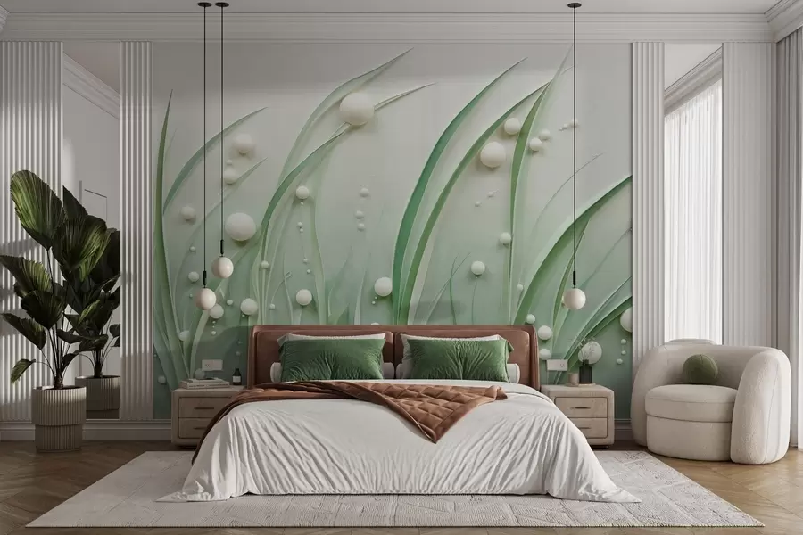 wall murals Апстрактна зелена трава са белим сферама, светло зелена позадина, текстура, чисте линије, минималистички стил w09382