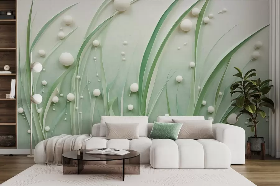 wall murals Апстрактна зелена трава са белим сферама, светло зелена позадина, текстура, чисте линије, минималистички стил w09382