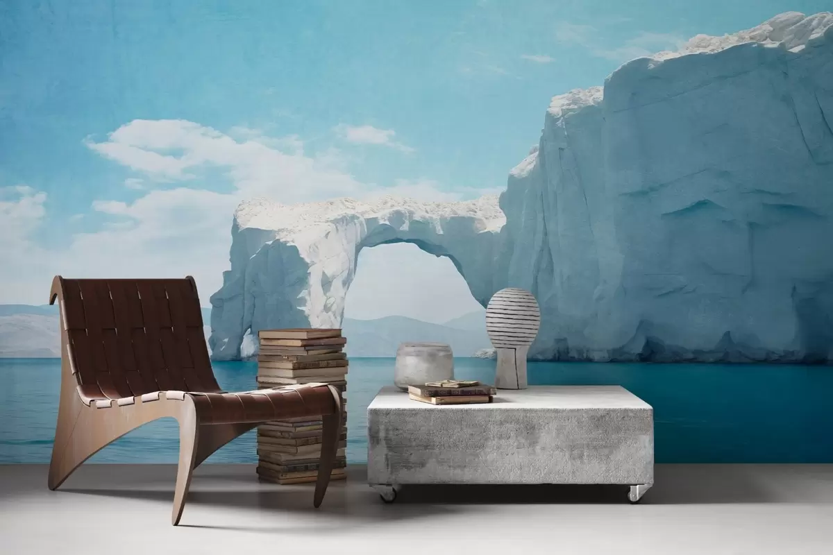 wall murals Пејзаж са природним леденим мостом преко океана, ведро плаво небо са облацима, текстурирани отисак w09383