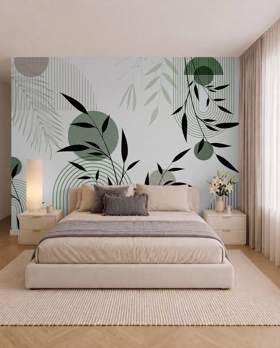 wall murals Текстурирани апстрактни отисак са геометријским облицима, круговима и луковима и црно-зеленим биљкама на белој позадини w09384