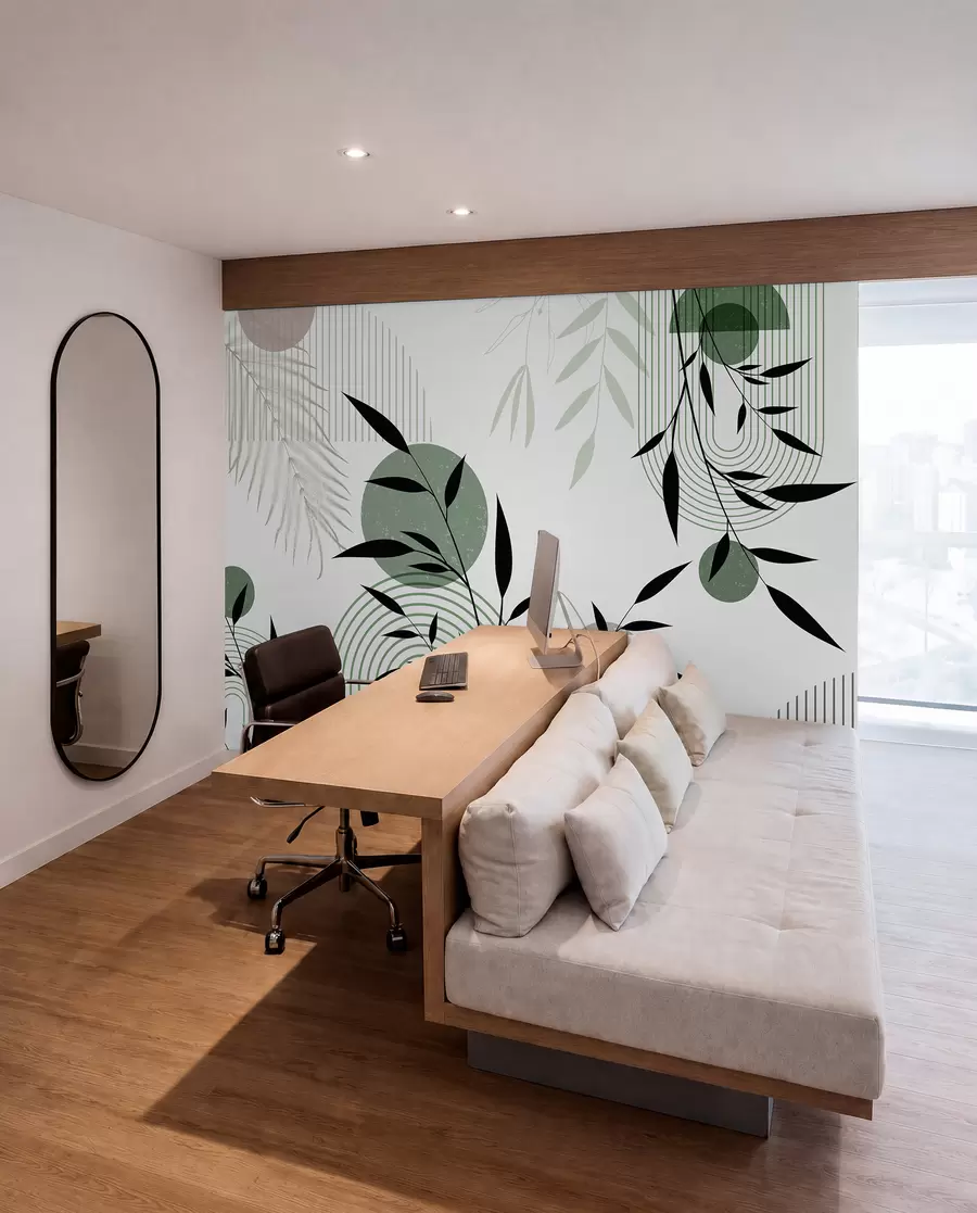 wall murals Текстурирани апстрактни отисак са геометријским облицима, круговима и луковима и црно-зеленим биљкама на белој позадини w09384