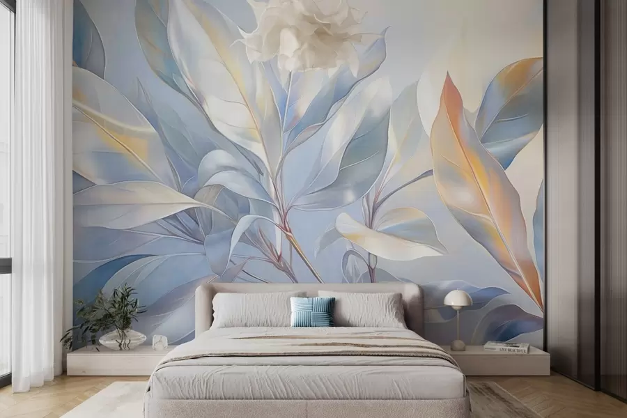 wall murals Листови магнолије са белим и плавим тоновима, меко осветљење, елегантна композиција, детаљне жиле листа, уметнички потези четкицом w09385