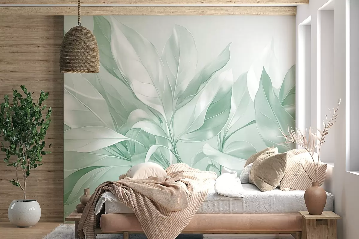 wall murals Листови магнолије са белим и зеленим тоновима, меко осветљење, елегантна композиција, детаљне жиле листа, уметнички потези четкицом w09385v1