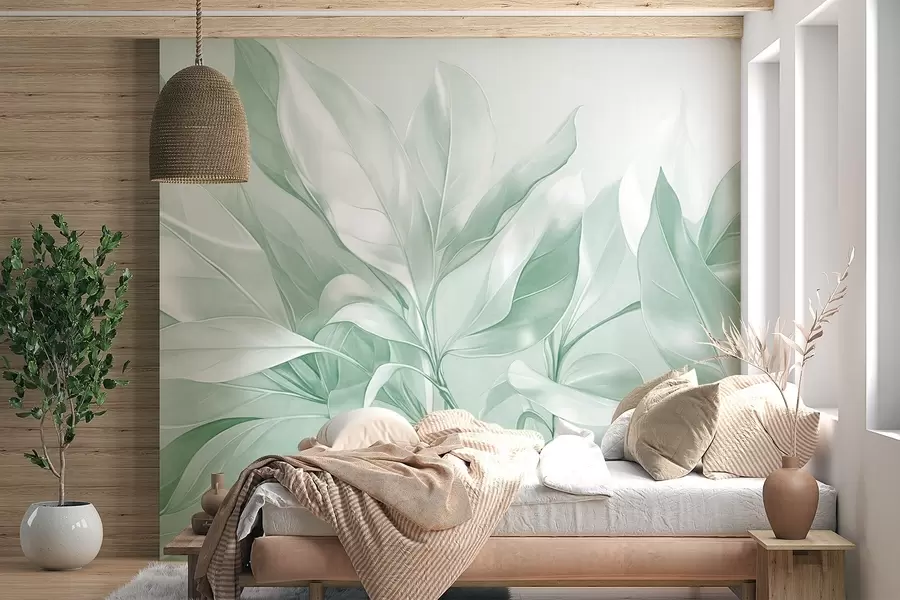wall murals Листови магнолије са белим и зеленим тоновима, меко осветљење, елегантна композиција, детаљне жиле листа, уметнички потези четкицом w09385v1