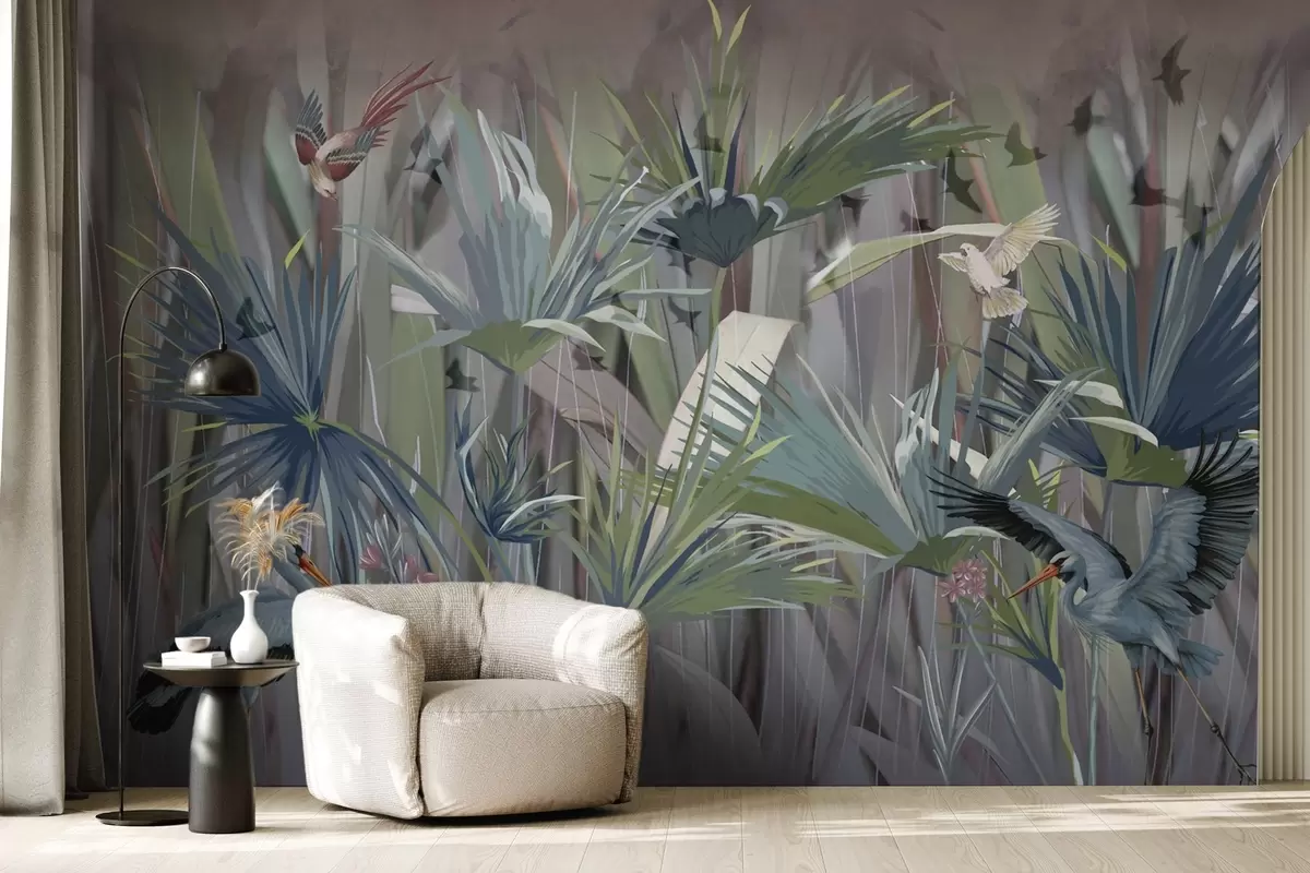 wall murals Егзотичне птице међу палминим листовима и цвећем w04458