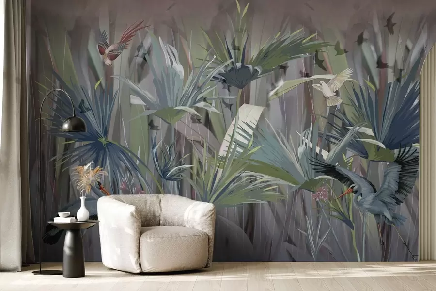 wall murals Егзотичне птице међу палминим листовима и цвећем w04458