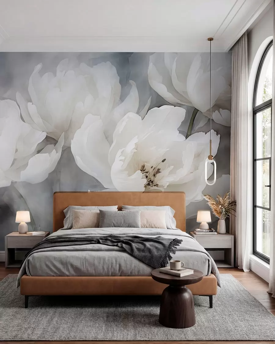 wall murals Бело цвеће на магловитој, нежној позадини w04441