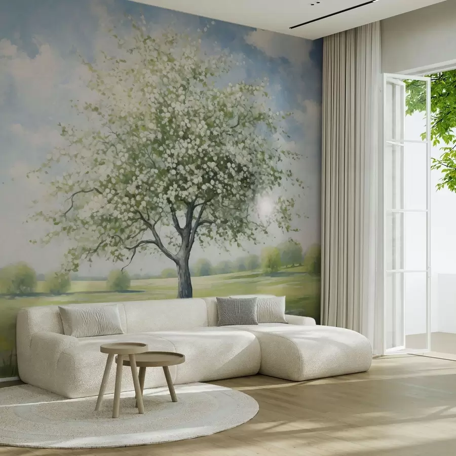 wall murals Усамљено дрво у пољу са белим цвећем w04445