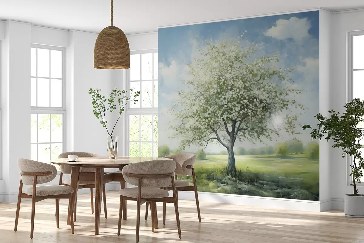 wall murals Усамљено дрво у пољу са белим цвећем w04445