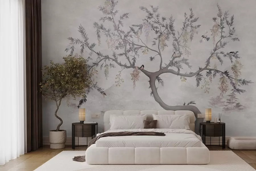 wall murals Грана дрвета са птицама у оријенталном стилу w04456