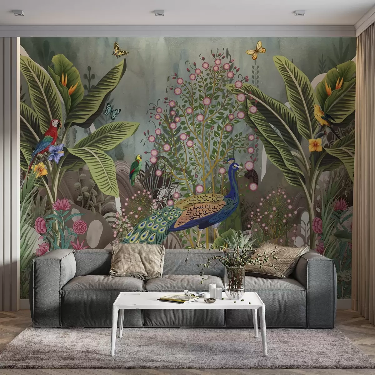 wall murals Светле тропске птице и паун међу егзотичним биљкама w04457