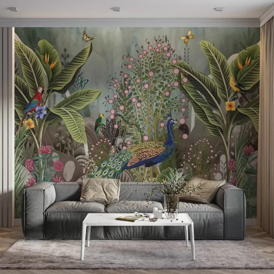 wall murals Светле тропске птице и паун међу егзотичним биљкама w04457