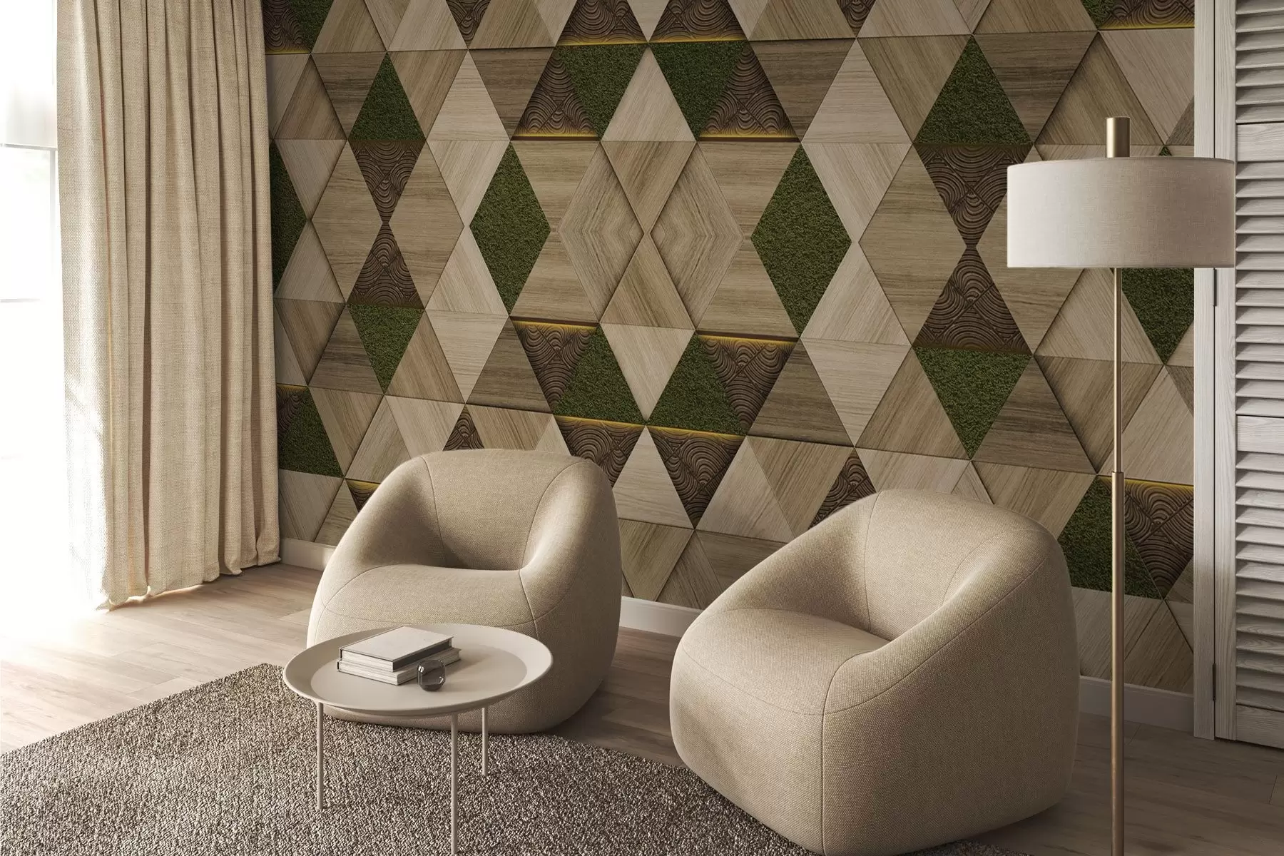 wall murals Геометријски дрвени украс са маховином w04459