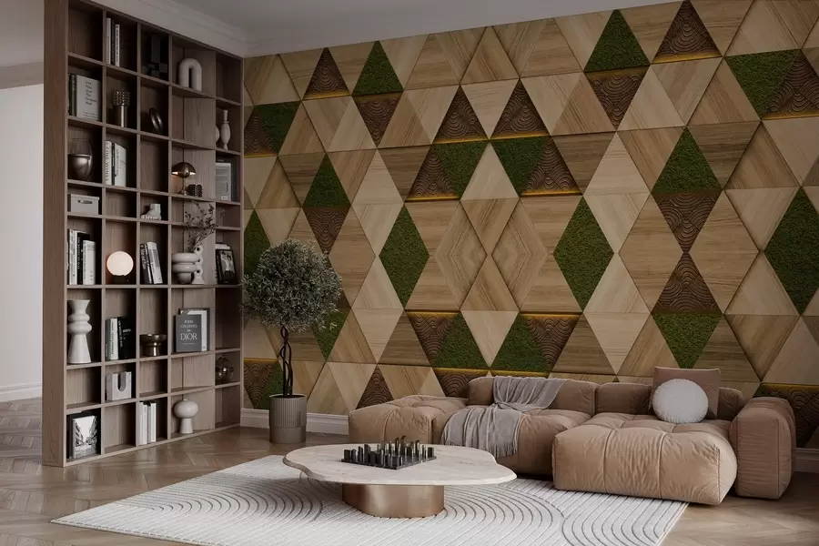 wall murals Геометријски дрвени украс са маховином w04459