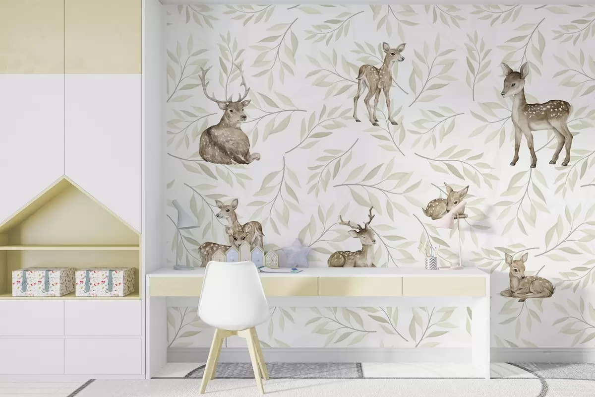 wall murals Лане међу зеленкастим лишћем на белој позадини w04461v1