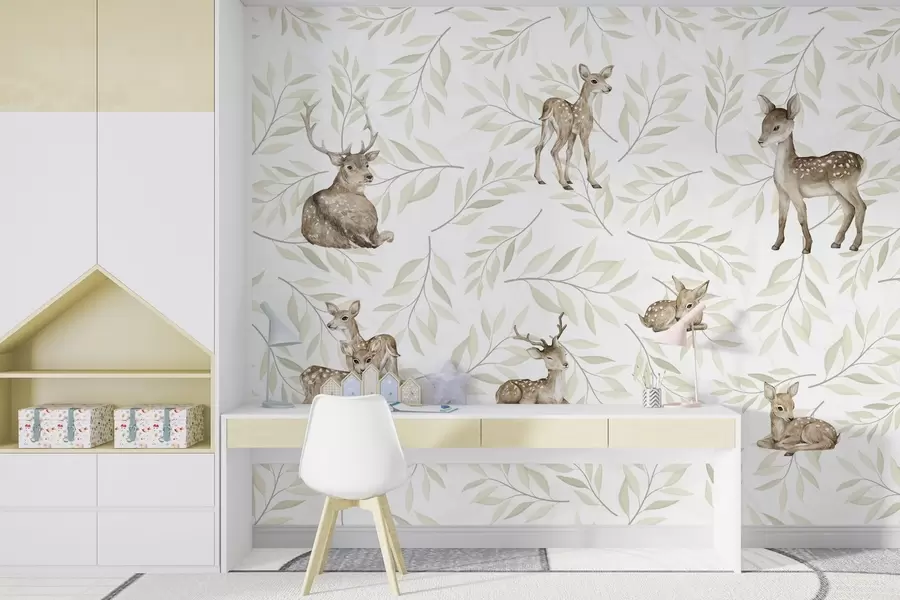 wall murals Лане међу зеленкастим лишћем на белој позадини w04461v1