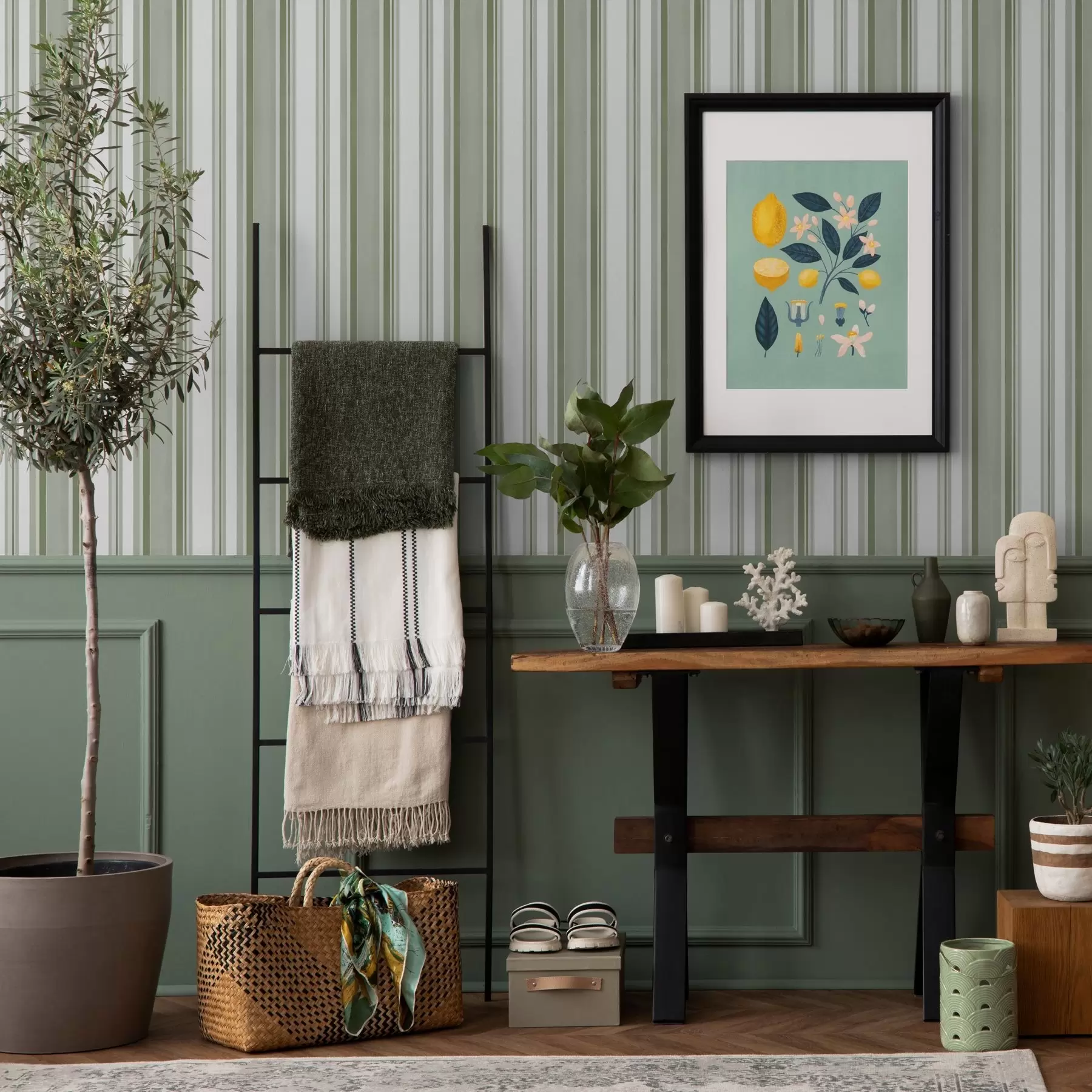 wall murals Зелене пруге са белим интервалима и танким линијама a00526