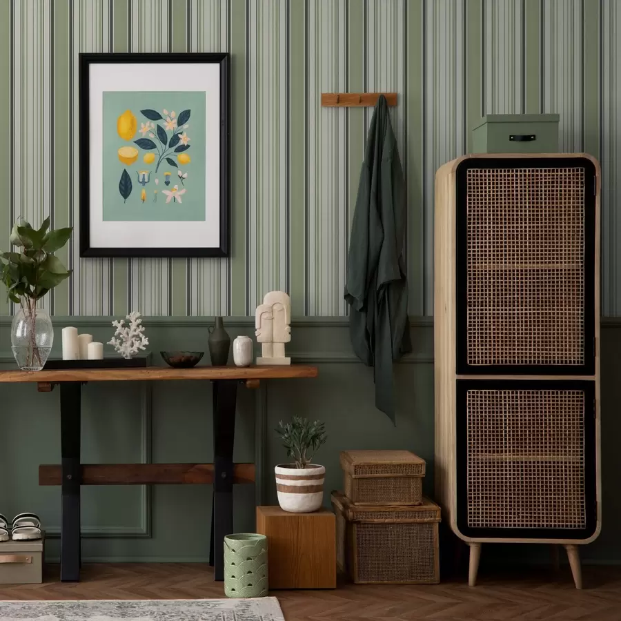 wall murals Крем позадина са мешавином зелених и црних пруга a00563