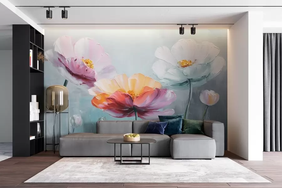 wall murals Светло цвеће у техници сликања уљем на плавој позадини w09310