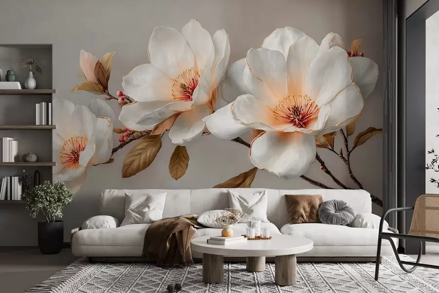 wall murals Нежно цвеће на грани у пастелним тоновима са наранџастим средиштем w09299