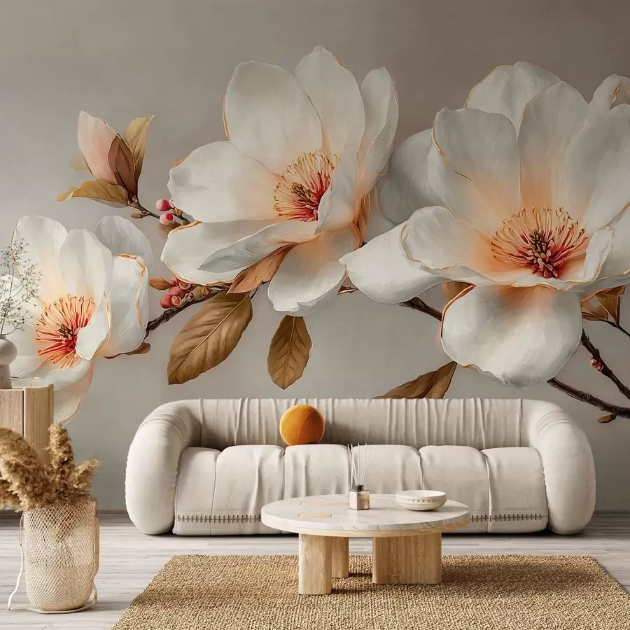 wall murals Нежно цвеће на грани у пастелним тоновима са наранџастим средиштем w09299