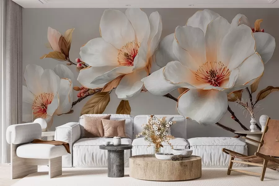 wall murals Нежно цвеће на грани у пастелним тоновима са наранџастим средиштем w09299