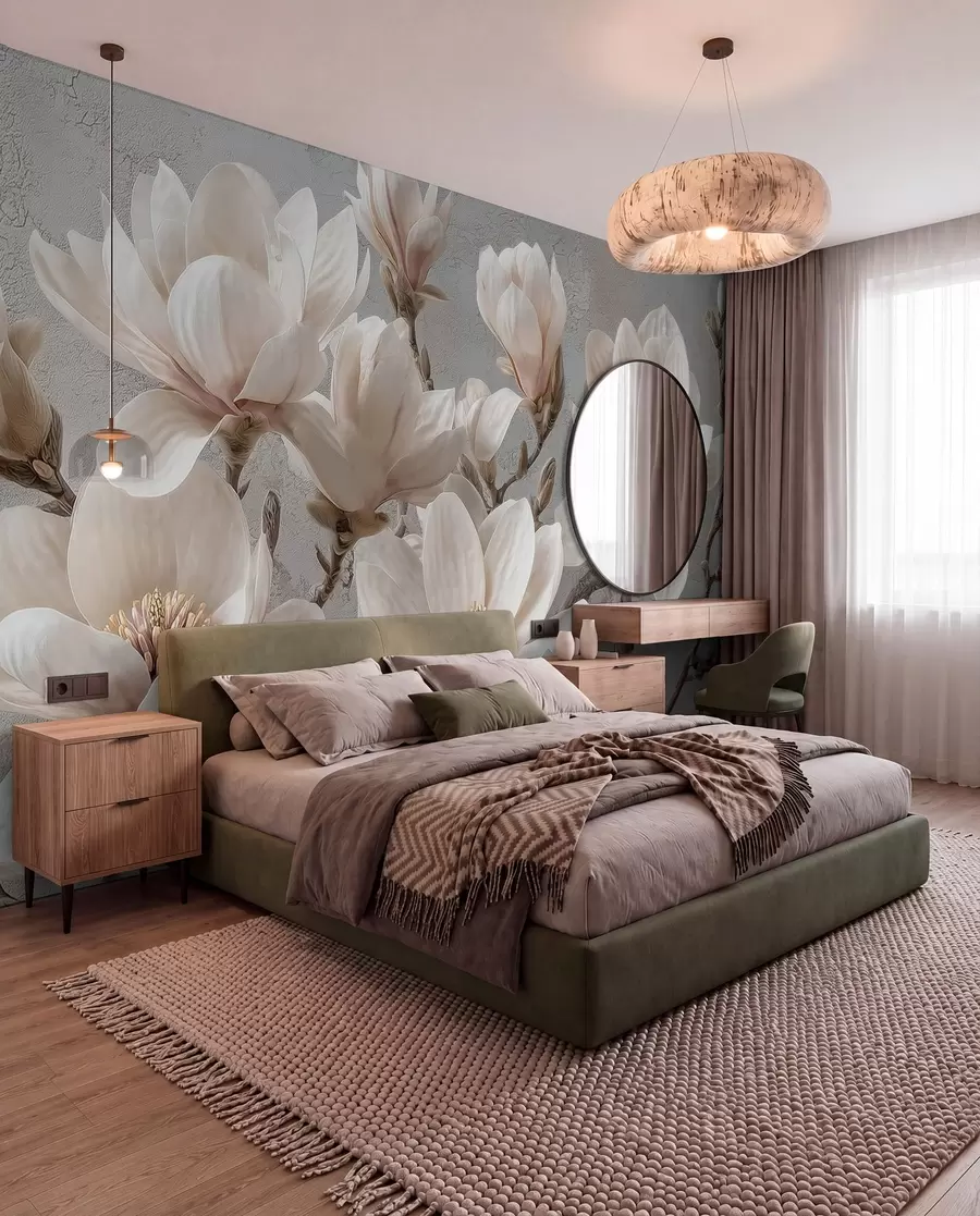 wall murals Гране магнолије са великим светлим цветовима у пригушеним тоновима w09305