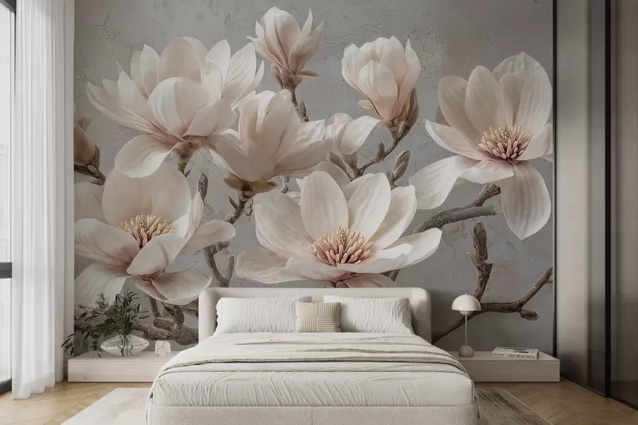 wall murals Гране магнолије са великим светлим цветовима у пригушеним тоновима w09305