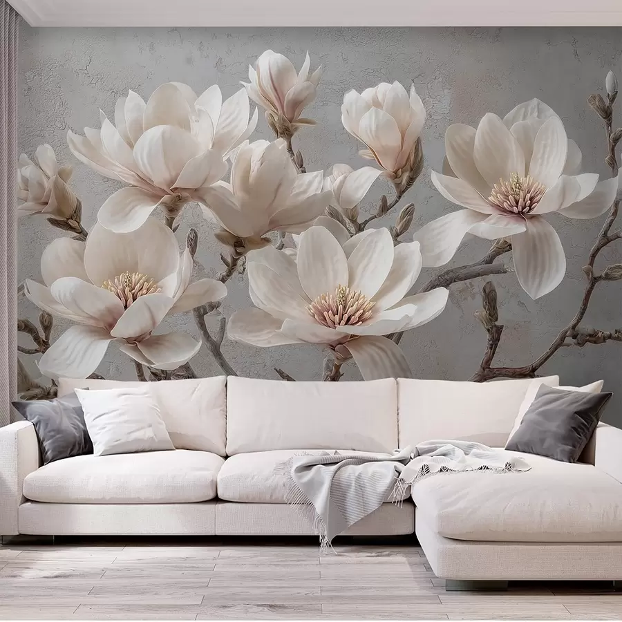wall murals Гране магнолије са великим светлим цветовима у пригушеним тоновима w09305