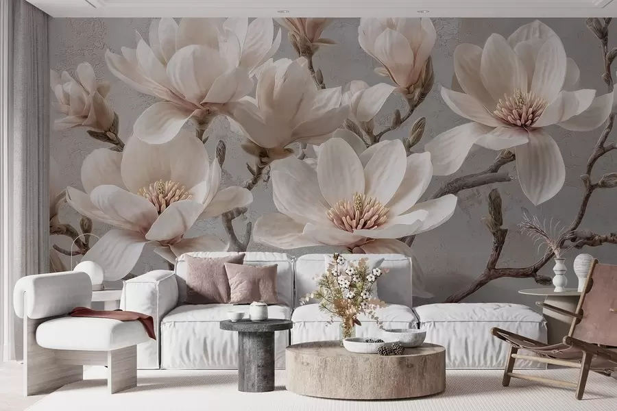 wall murals Гране магнолије са великим светлим цветовима у пригушеним тоновима w09305