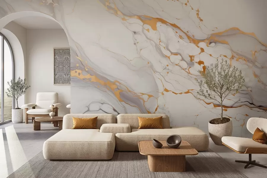 wall murals Имитација мермерне текстуре са меким сивим прелазима и жутим акцентима w09362