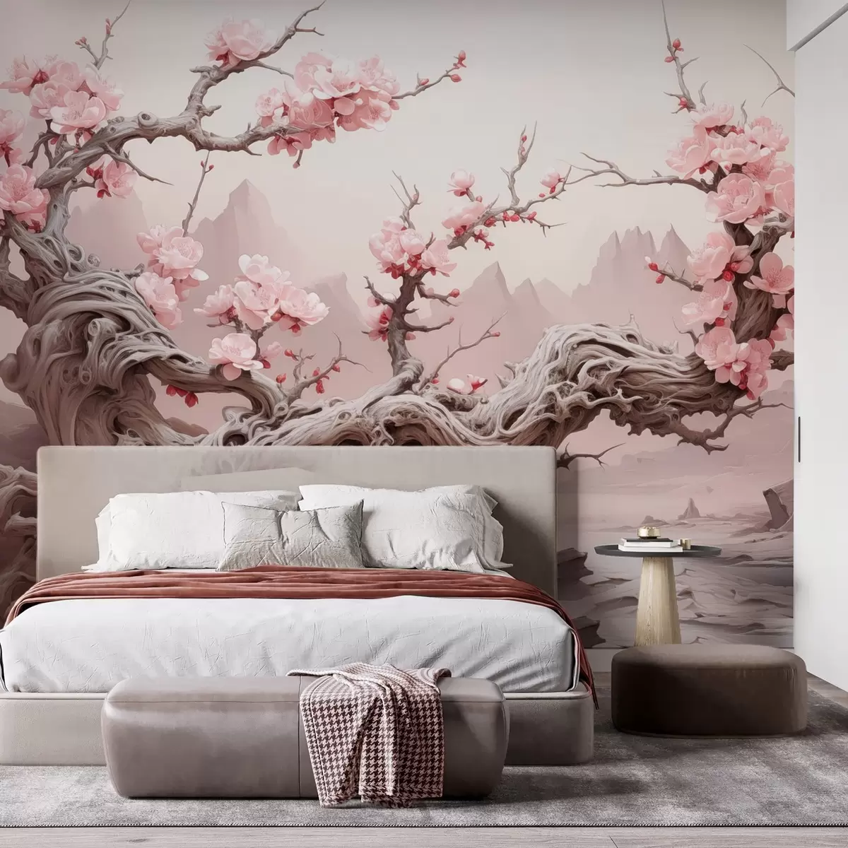 wall murals Увијено дебло дрвета са цветајућом ружичастом сакуром w09388