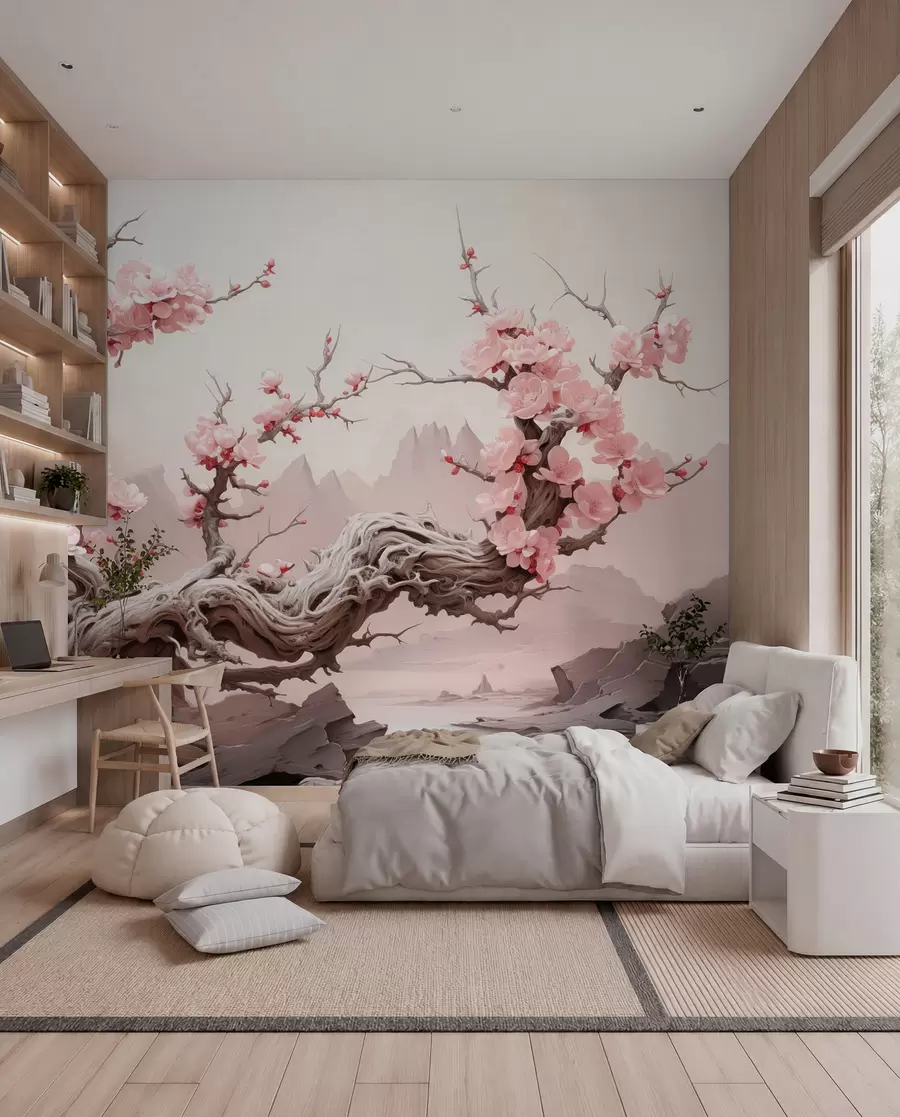 wall murals Увијено дебло дрвета са цветајућом ружичастом сакуром w09388