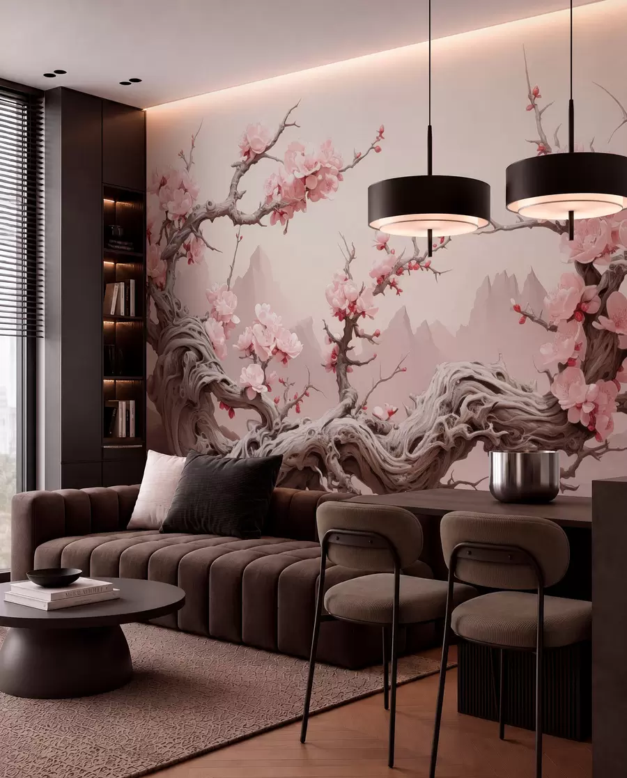 wall murals Увијено дебло дрвета са цветајућом ружичастом сакуром w09388