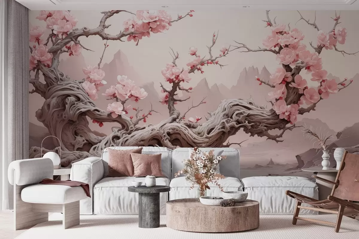 wall murals Увијено дебло дрвета са цветајућом ружичастом сакуром w09388