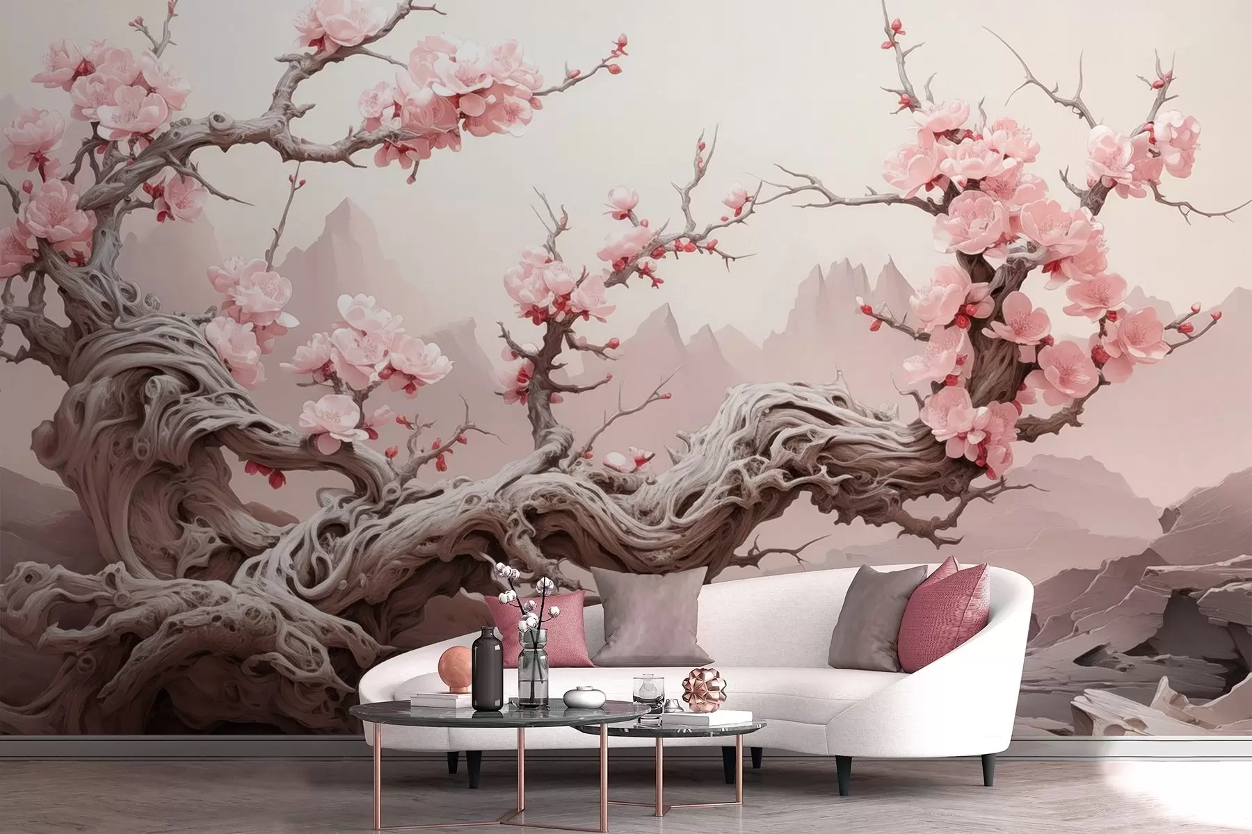 wall murals Увијено дебло дрвета са цветајућом ружичастом сакуром w09388