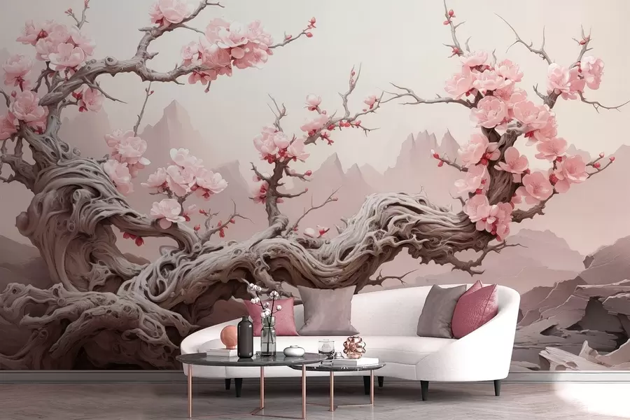 wall murals Увијено дебло дрвета са цветајућом ружичастом сакуром w09388